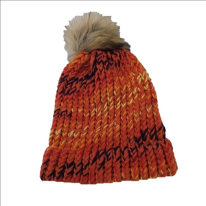NEW Bright Hand Knit Winter Hat with Faux Fur Pom Pom